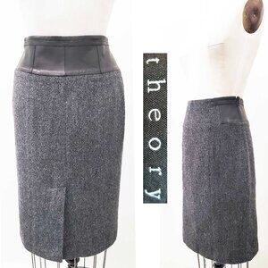 Theory Women's Black Tweed Leather Waist Pencil Skirt Wool Cashmere Blend 6